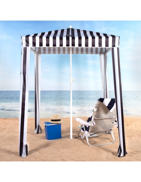 Parasol/tente de plage convertible, 145 cm, rayures noires et blanches