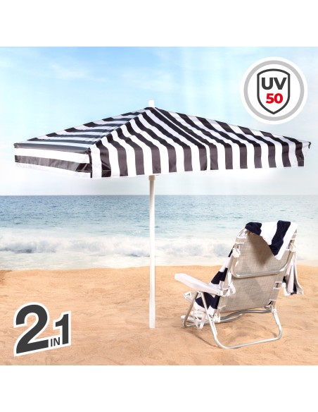 Parasol/tente de plage convertible, 145 cm, rayures noires et blanches