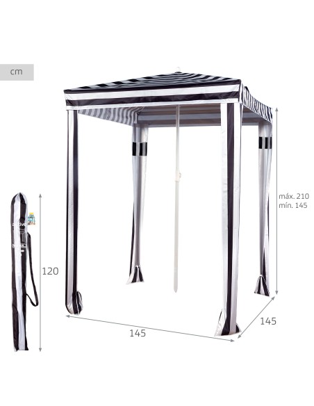 Parasol/tente de plage convertible, 145 cm, rayures noires et blanches