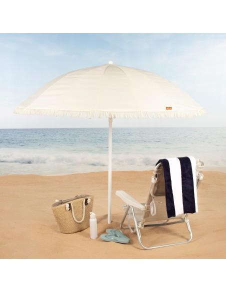 Parasol de plage, 16 baleines, 200 cm, beige avec franges