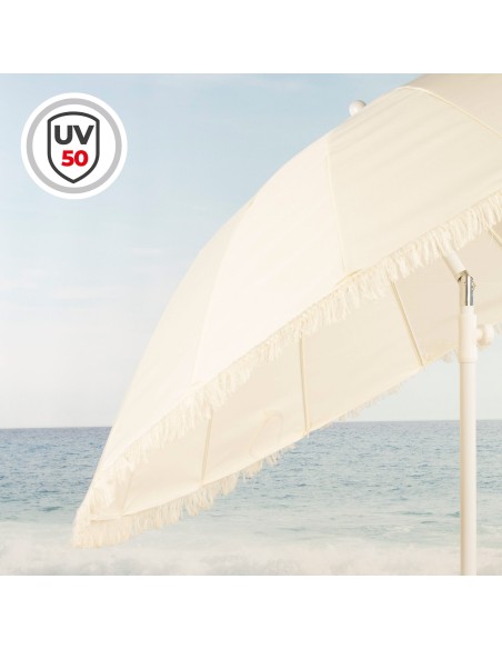 Parasol de plage, 16 baleines, 200 cm, beige avec franges