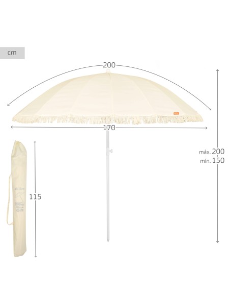 Parasol de plage, 16 baleines, 200 cm, beige avec franges