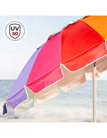 Parasol de plage, 16 baleines, 200 cm, multicolore, inclinable, protection UV50