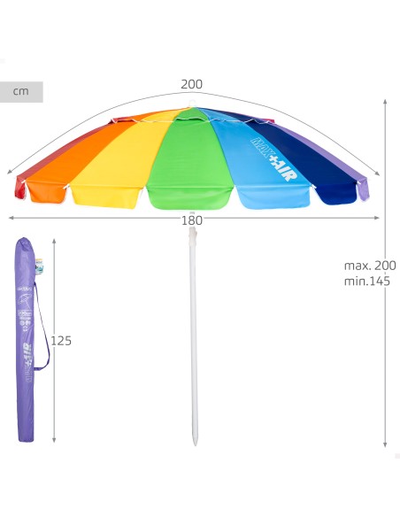 Parasol de plage, 16 baleines, 200 cm, multicolore, inclinable, protection UV50