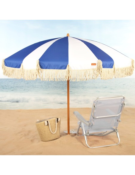 Parasol de plage à 8 baleines, 200 cm, motif marin avec franges