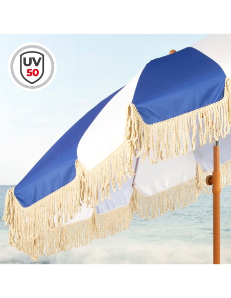 Parasol de plage à 8 baleines, 200 cm, motif marin avec franges