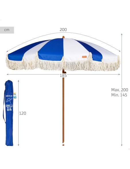 Parasol de plage à 8 baleines, 200 cm, motif marin avec franges
