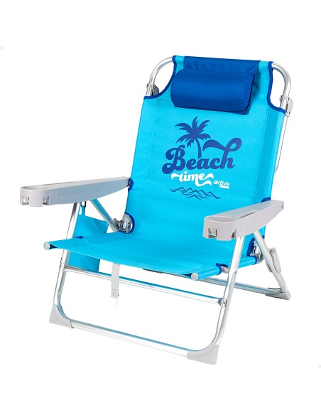 Chaise de plage basse XXL multipositions 55x60x80 cm bleu avec coussin, poche et porte-gobelet.