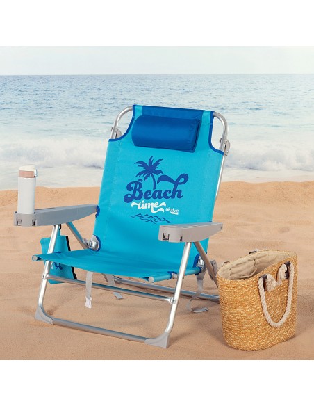 Chaise de plage basse XXL multipositions 55x60x80 cm bleu avec coussin, poche et porte-gobelet.