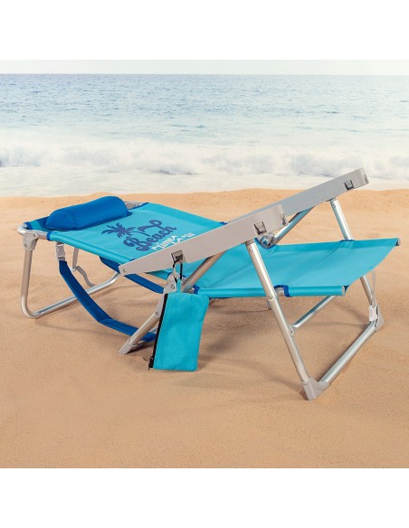 Chaise de plage basse XXL multipositions 55x60x80 cm bleu avec coussin, poche et porte-gobelet.