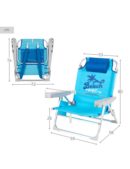 Chaise de plage basse XXL multipositions 55x60x80 cm bleu avec coussin, poche et porte-gobelet.