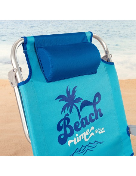 Chaise de plage basse XXL multipositions 55x60x80 cm bleu avec coussin, poche et porte-gobelet.