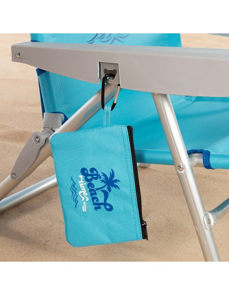 Chaise de plage basse XXL multipositions 55x60x80 cm bleu avec coussin, poche et porte-gobelet.