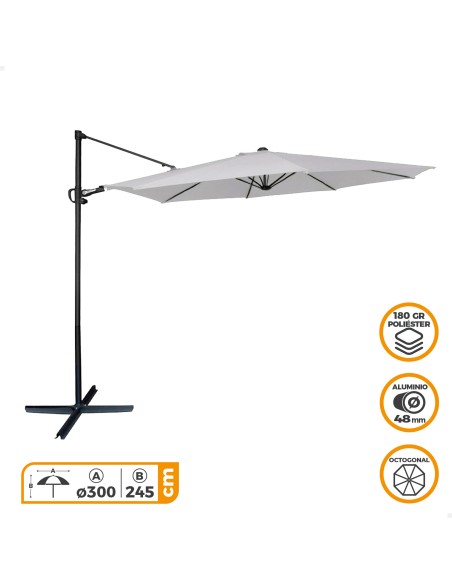 Parasol excentrique Ø300 cm mât en aluminium couleur gris Aktive