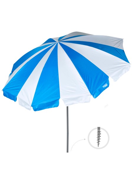 Parapluie de plage 8 baleines 220 cm bleu et blanc avec spirale d'ancrage