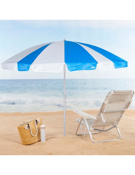 Parapluie de plage 8 baleines 220 cm bleu et blanc avec spirale d'ancrage