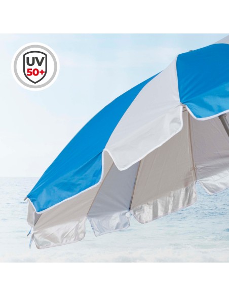 Parapluie de plage 8 baleines 220 cm bleu et blanc avec spirale d'ancrage