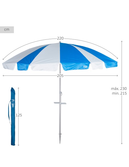 Parapluie de plage 8 baleines 220 cm bleu et blanc avec spirale d'ancrage