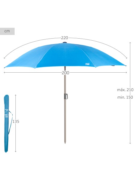 Parasol de plage 8 tiges 220 cm bleu avec cintre