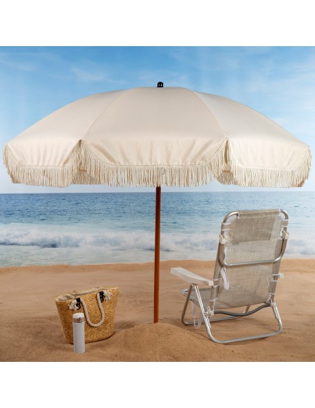 Parasol de plage avec 8 tiges frangées beige 200 cm