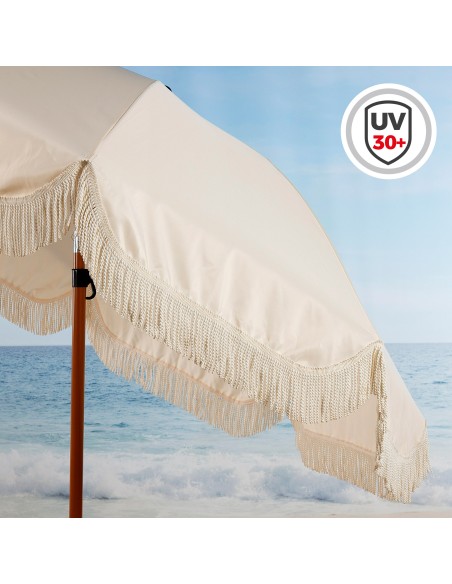 Parasol de plage avec 8 tiges frangées beige 200 cm