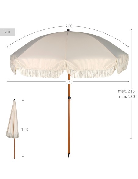Parasol de plage avec 8 tiges frangées beige 200 cm