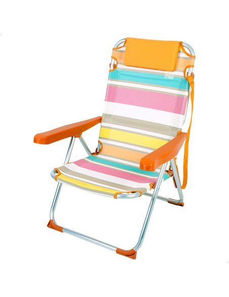 Chaise de plage pliante et inclinable multicolore à 5 positions avec coussin et poignée d'épaule