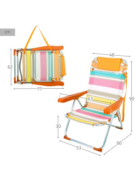 Chaise de plage pliante et inclinable multicolore à 5 positions avec coussin et poignée d'épaule