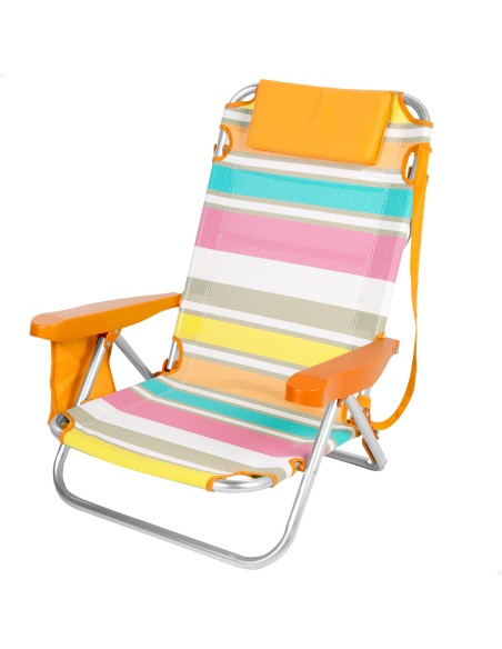 Chaise de plage basse pliante et inclinable 4 positions multicolores avec poche, coussin et poignée