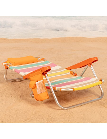 Chaise de plage basse pliante et inclinable 4 positions multicolores avec poche, coussin et poignée