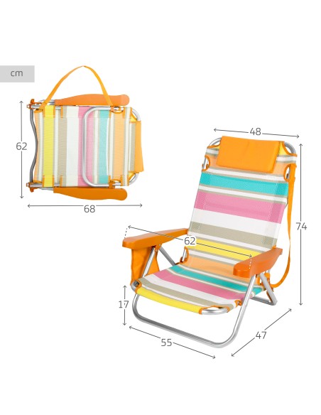 Chaise de plage basse pliante et inclinable 4 positions multicolores avec poche, coussin et poignée