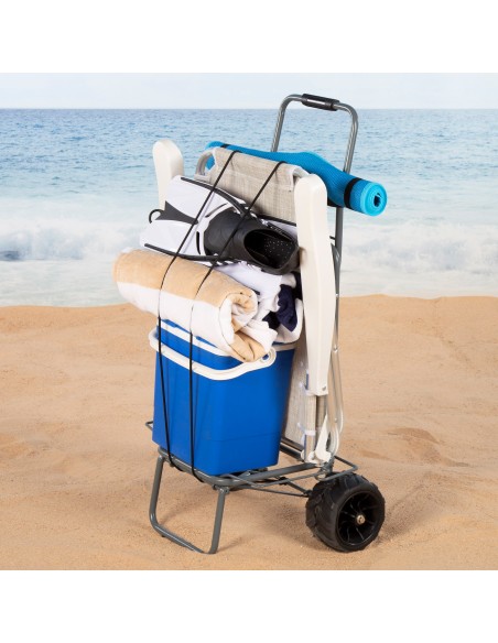 Chariot de plage pliable avec grandes roues et corde de maintien