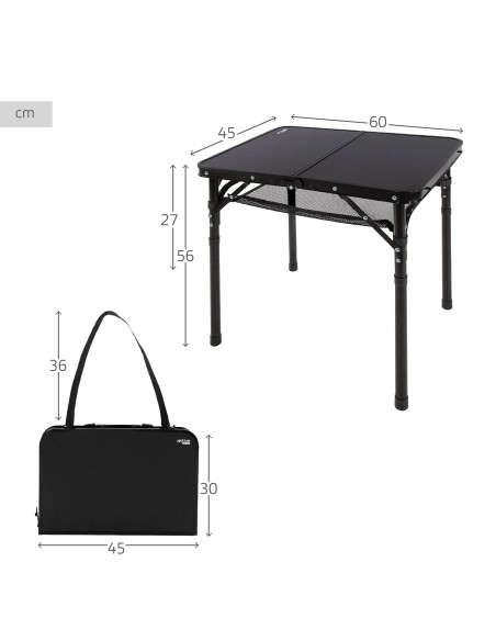 Table de camping pliante petite valise, réglable en hauteur et antidérapante, noire avec filet