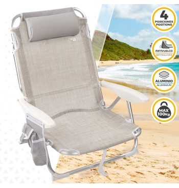 Chaise de plage basse multiposition XL 51x45x76 cm beige 2