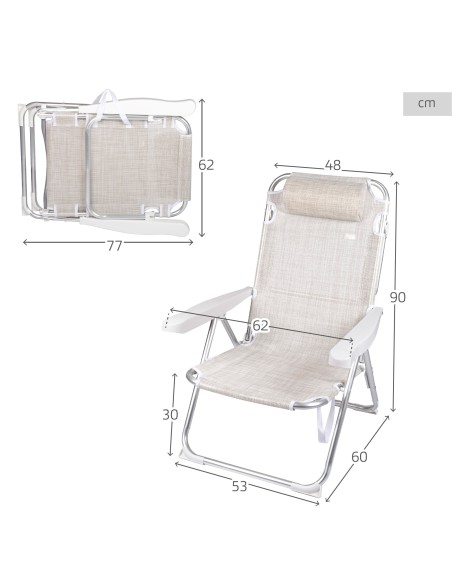 Chaise de plage multipositions 48x60x90 cm beige
