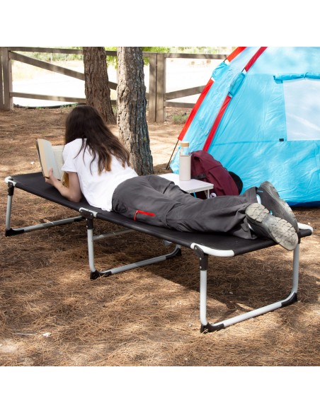 Lit de camping pliant noir avec capuchons anti-bascule