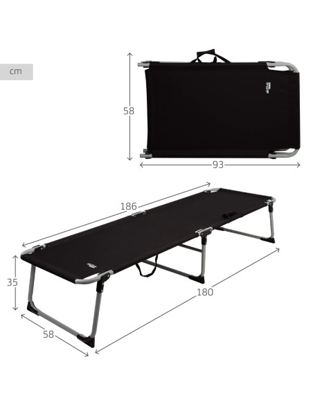 Lit de camping pliant noir avec capuchons anti-bascule