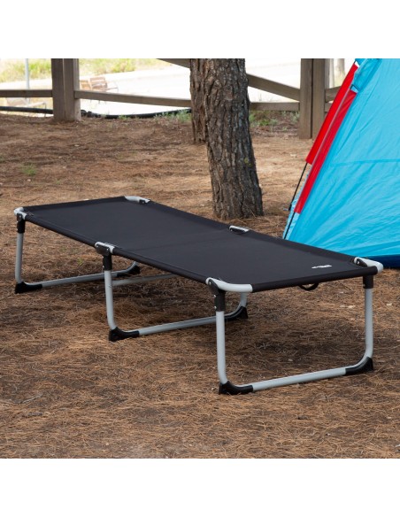 Lit de camping pliant noir avec capuchons anti-bascule