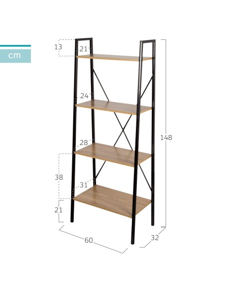 Max Home Étagère en bois et acier en forme d'échelle, 4 tablettes, 60 x 32 x 148 cm