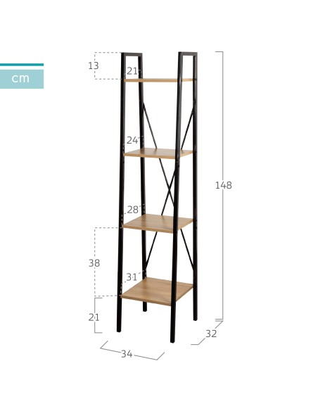 Max Home Étagère en bois et acier en forme d'escalier, 4 tablettes, 34 x 32 x 148 cm