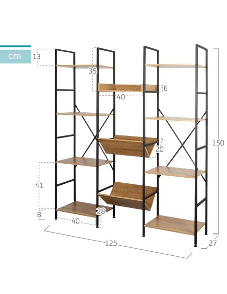 Max Home Étagère en bois et acier, 11 tablettes, 125 x 27 x 150 cm