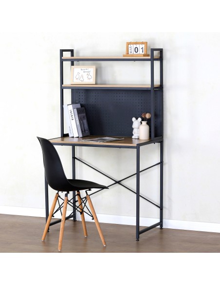 Max Home : bureau avec étagère et plateau perforé en bois et acier, 85 x 50 x 148 cm