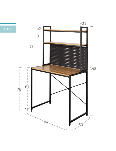Max Home : bureau avec étagère et plateau perforé en bois et acier, 85 x 50 x 148 cm