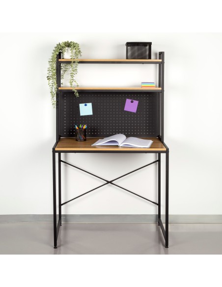 Max Home : bureau avec étagère et plateau perforé en bois et acier, 85 x 50 x 148 cm