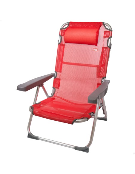 Chaise de plage basse multipositions 48x60x90 cm rouge avec coussin
