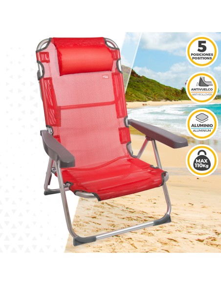 Chaise de plage basse multipositions 48x60x90 cm rouge avec coussin