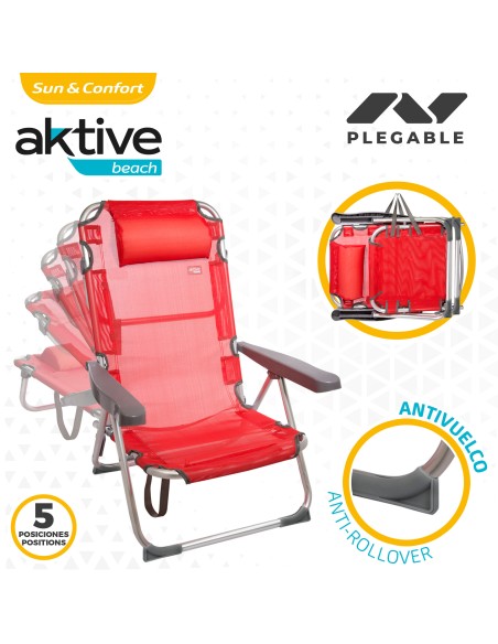 Chaise de plage basse multipositions 48x60x90 cm rouge avec coussin