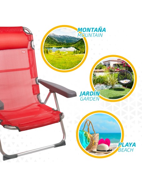 Chaise de plage basse multipositions 48x60x90 cm rouge avec coussin