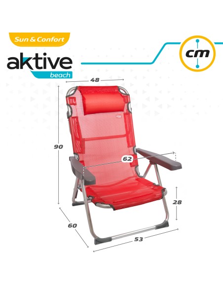 Chaise de plage basse multipositions 48x60x90 cm rouge avec coussin