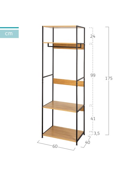 Max Home : Étagère ouverte en bois et acier, 4 tablettes, 60 x 40 x 175 cm